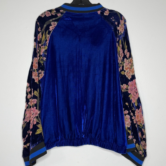 Umgee Cobalt Blue Velvet Oriental Floral Sheer Bomber Jacket L Cottagecore - Picture 5 of 7